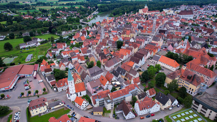 A panorama aerial view around the old town in the city Lauingen Germany on a sunny spring noon