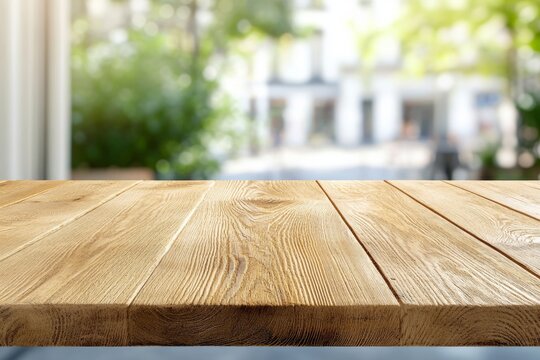 Wooden table surface with blurred outdoor urban background scene