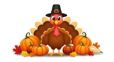 A cartoon vector of a happy turkey wearing a pilgrim hat surrounded by pumpkins and autumn leaves, centered on a white background