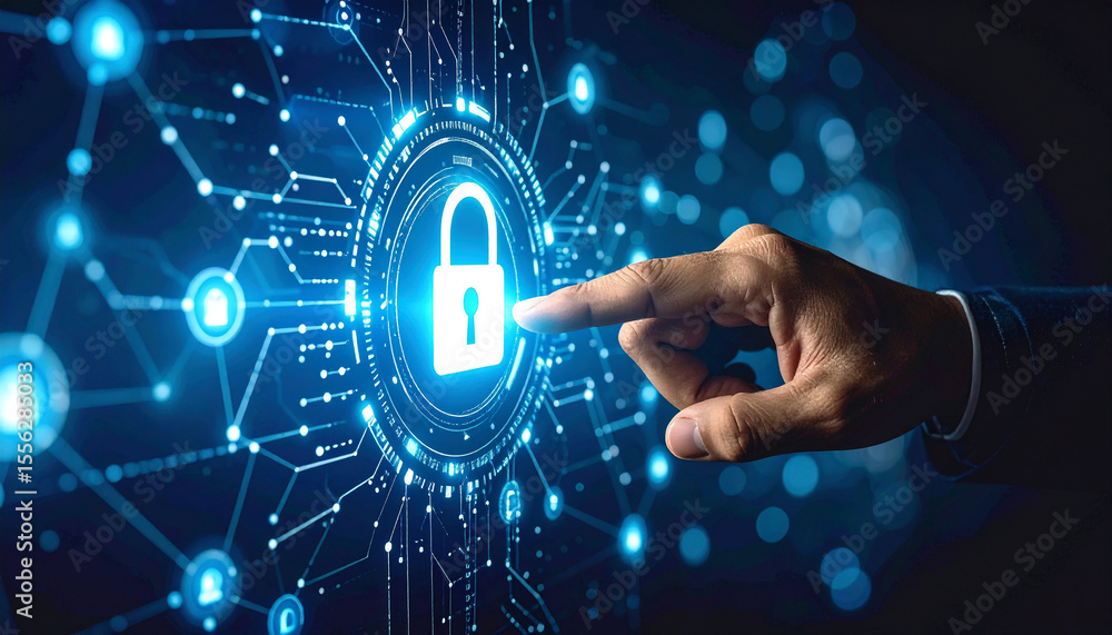 Poster cyber security and digital fortress: an evocative image of a secure digital environment where a hand