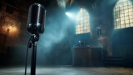 Vintage Microphone in a Moody Loft Space with Fog and Dramatic Lighting
