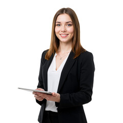 Beautiful Smiling Businesswoman in Black Formal Suit Holding Tablet on Transparent Background, PNG format.	