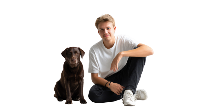 Best Friend Forever: A young man shares a heartwarming moment with his faithful canine companion, capturing a bond of friendship, loyalty, and unconditional love, setting against bright backdrop
