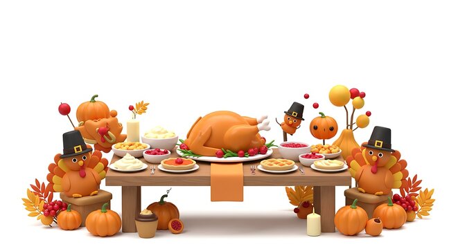 A cartoon Thanksgiving scene with festive decorations, a full table of food, and fall themed colors, centered on a white background

