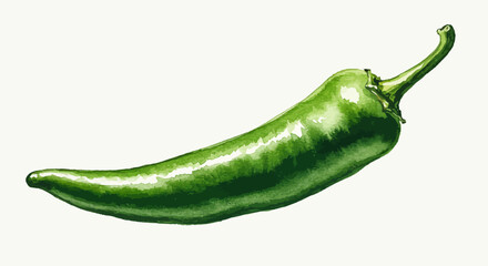 A Vibrant Green Chili Pepper Is Depicted In A Detailed Watercolor Painting Showcasing Its Smooth Texture And Curved Shape Against A White Backdrop