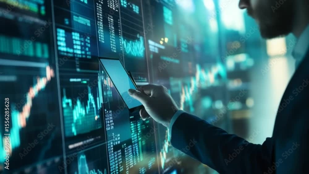 Poster financial analyst using digital tablet to monitor stock market data and graph analysis