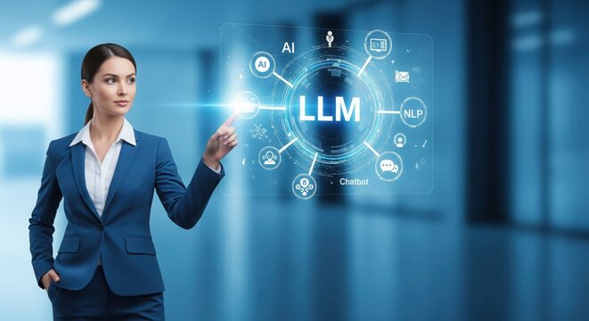 Businesswoman Interacting with AI and Chatbot Hologram