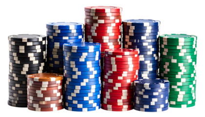 Colorful stacks of poker chips arranged by height on a transparent background, showcasing different colors and sizes of gaming tokens used in card games or casinos, capturing the essence of gambling.