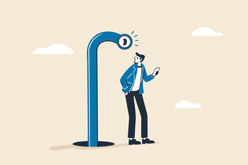 Mobile privacy, app that tracking all user behaviors for marketing, data protection or spyware concept, young adult man using mobile app or smart phone and found periscope watching him from behind.