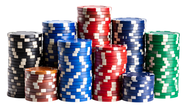 Colorful stacks of poker chips arranged by height on a transparent background, showcasing different colors and sizes of gaming tokens used in card games or casinos, capturing the essence of gambling. - Powered by Adobe