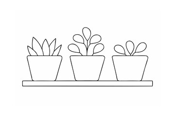 One line drawing of three potted plants on a shelf in black and white