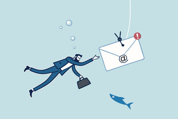 Phishing email, fraud or scam mail offer fake login or password form to steal personal information, online crime concept, greedy businessman diving underwater to catch email envelope with fishing hook