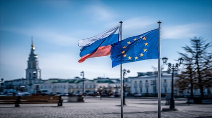 Flags of Russia and EU over city square