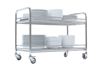 Stainless steel catering trolley with plates and dishes
