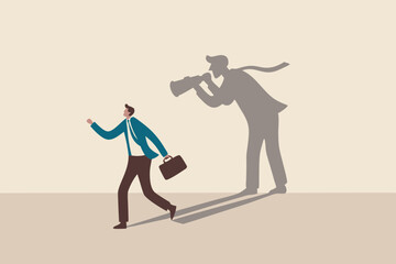 Internet stalker, espionage, online advertising tracking and follow users, spyware, safety, security and privacy issue concept, businessman walking with shadow using spyglass binocular stalking him.