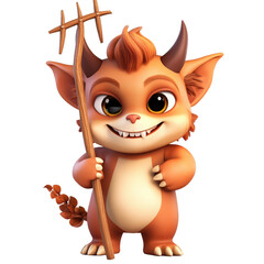 Playful cartoon fantasy creature character with horns and mischievous expression holding a wooden pitchfork