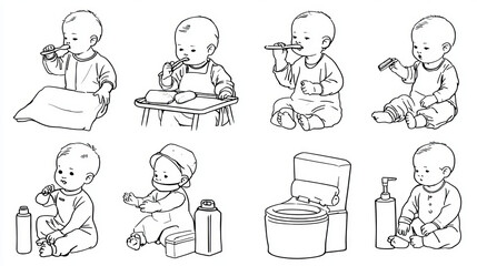 Simple vector outlines show baby care steps such as feeding, brushing, dressing, potty training, and health precautions