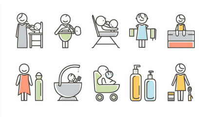 Simple vector outlines show baby care steps such as feeding, brushing, dressing, potty training, and health precautions