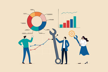 Data analysis and optimization for SEO, marketing research user and customer behavior, analyze business trend concept, business people using magnifier and optimize tools to analyze chart and graph.