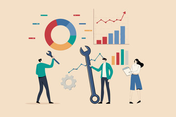 Data analysis and optimization for SEO, marketing research user and customer behavior, analyze business trend concept, business people using magnifier and optimize tools to analyze chart and graph.