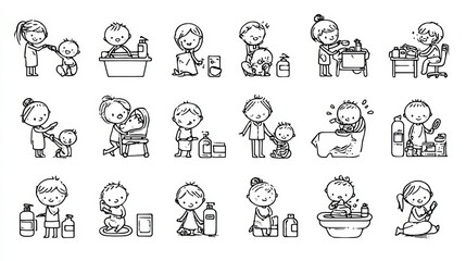 Simple vector outlines show baby care steps such as feeding, brushing, dressing, potty training, and health precautions