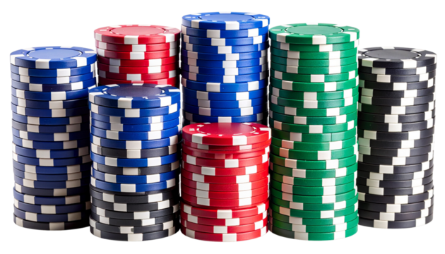 A Colorful stacks of poker chips arranged by height on a transparent background, showcasing different colors and sizes of gaming tokens used in card games or casinos, capturing the essence of gambling