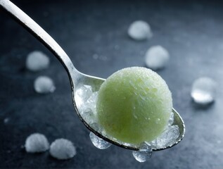 Individual honeydew balls, partially frozen or with a thin layer of clear ice, rest on a chilled metal spoon. Condensation frost adds a crisp, cool detail.