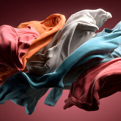 Colorful casual clothing piles with various folded shirts hoodies and t-shirts in vibrant shades arranged on dark background for fashion and style concept
