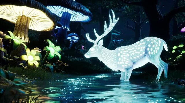 Mythical Glowing Deer in Bioluminescent Forest - Powered by Adobe