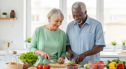 Elderly man and woman preparing salad with organic vegetables. Retirement life concept showing love, togetherness and healthy eating habits at home.