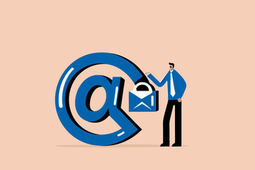 Email security protection, safety system to defend cyber attack, spam or data leak, data encryption technology concept, confidence businessman standing with strong padlock security on email symbol.