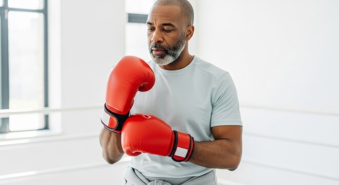 Senior black athlete with boxing gloves ready for training session. Health and wellness concept showing determination and strength in fitness journey.