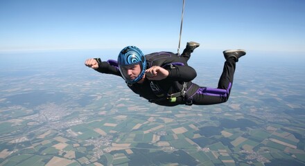Experienced parachutist flying through sky in jumpsuit with aerial view of fields below. Skydiving adventure, extreme recreation and thrill-seeking activity.