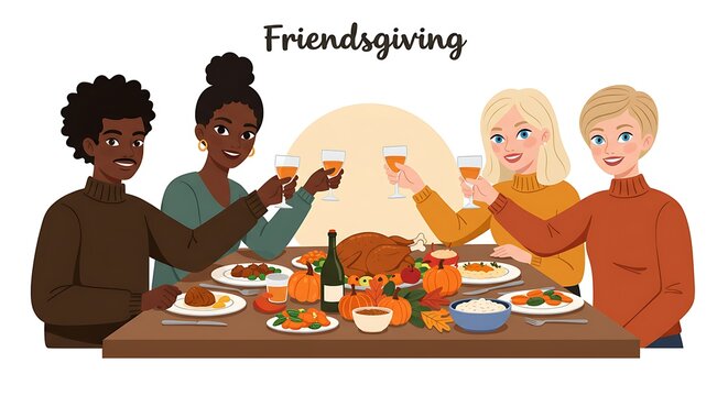 A flat vector illustration of a cozy Friendsgiving scene with friends clinking glasses over a festive meal, centered on a white background
