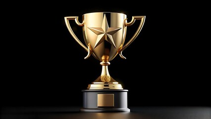 a gold trophy with two handles, a star on top, and a star embossed on the body, sitting on a black base isolated on white background