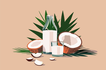 Vector illustration of coconut milk in a glass and bottle, split coconut, with palm leaves on a peach backdrop