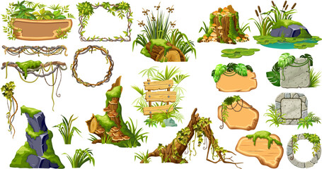 Wooden and stones signboards with swamp moss, forest lichen, stumps, logs, frames, lianas, mushrooms. Set of 3d objects for messages, banners, notebooks, mobile games. Vector cartoon illustration.