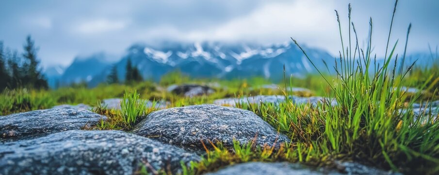 Rocky terrain with green grass patches in the foreground and snow-capped mountains blurred in the background under a cloudy sky.