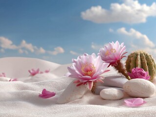 Desert flowers blooming with soft pink petals in the sand dunes, under a clear blue sky