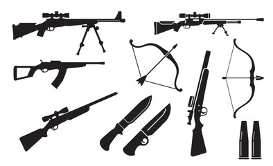 Silhouette Weapon Collection – Sniper Rifles, Shotgun, Bows, Knives, and Bullets in Black Icon Set