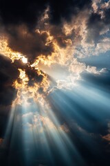Golden cross-shaped light rays breaking through dark storm clouds &ndash; symbol of faith, redemption and divine presence