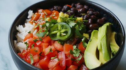 Fresh and colorful vegetarian burrito bowl with rice, beans, avocado, tomatoes and cilantro for a healthy lunch.