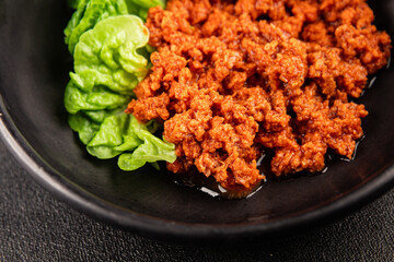 Tuna tomato sauce canned fish seafood fresh delicious gourmet food background on the table rustic food top view copy space keto and paleo diet vegan food pescetarian diet