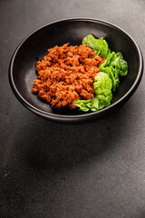 Tuna tomato sauce canned fish seafood fresh delicious gourmet food background on the table rustic food top view copy space keto and paleo diet vegan food pescetarian diet