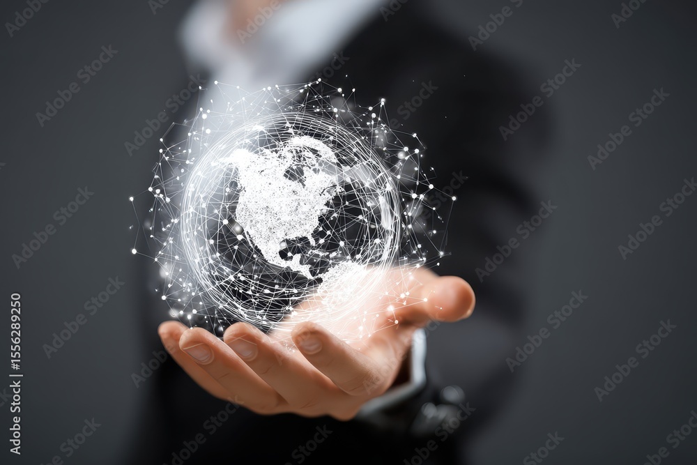 Poster hand extends, presenting a glowing globe made of interconnected nodes on a dark background