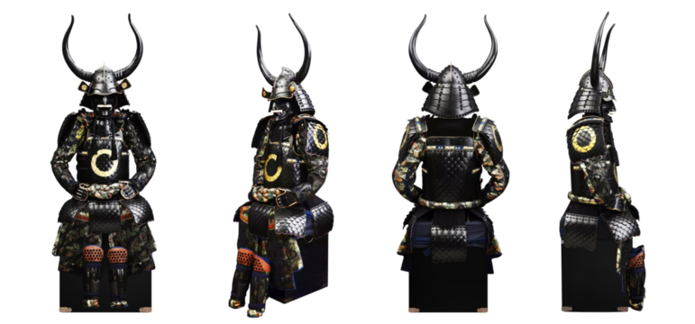 Samurai armor , yoroi armor of a samurai warrior. Authentic Samurai Armor black color and large horn set photo on transparent background.