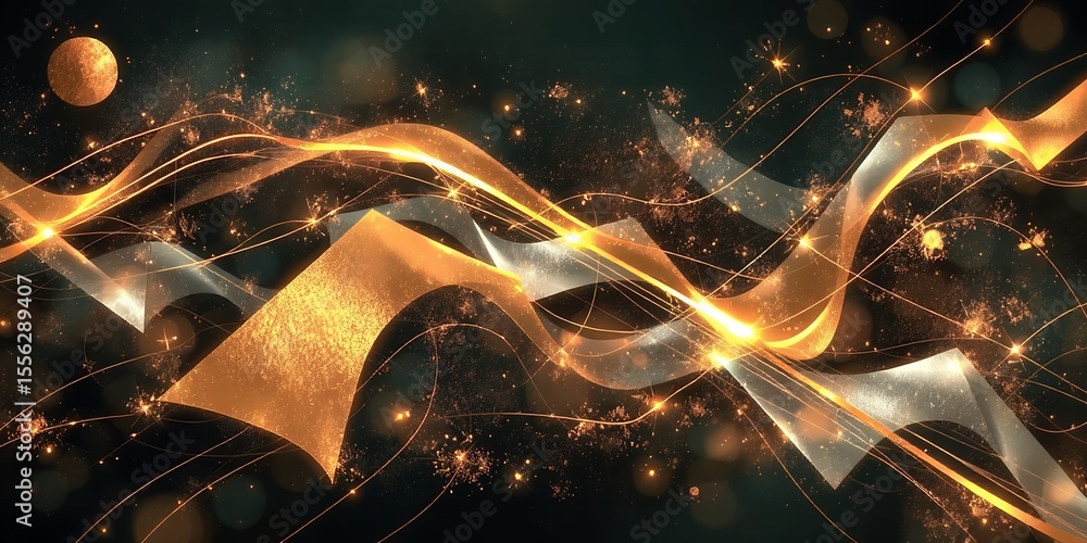 Poster abstract background featuring golden shapes and lines with a dark teal backdrop design