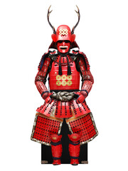 Samurai armor , yoroi armor of a samurai warrior. Authentic Samurai Armor red color and antler front view on transparent background.