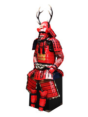 Samurai armor , yoroi armor of a samurai warrior. Authentic Samurai Armor red color and antler side view on transparent background.