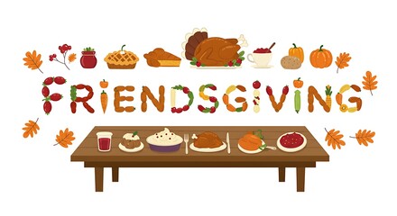 A festive flat vector of a table with “Friendsgiving” spelled in food items like turkey, pumpkin pie, and mashed potatoes, centered on a white background
